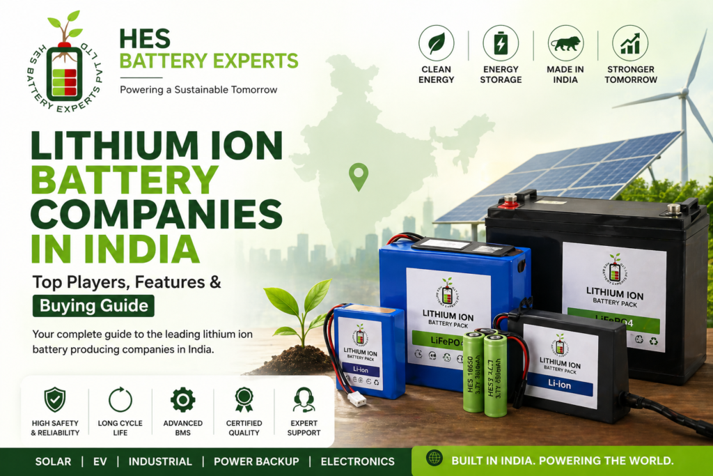 Lithium ion battery companies in India feature image with HES Battery Experts logo and battery packs