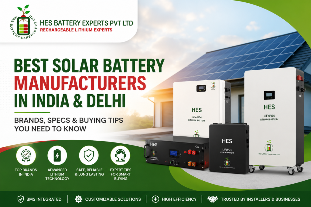 Best Solar Battery Manufacturers in India & Delhi feature image showing HES Battery Experts Pvt Ltd lithium-ion solar batteries with rooftop solar panels, green energy theme, and buying guide highlights.